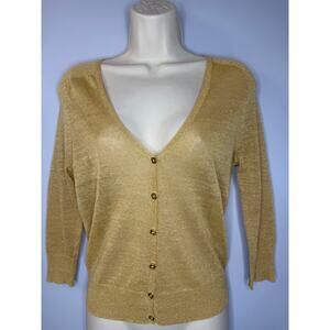 Tory Burch Linen Gold Shiner v Neck Cardigan Logo Button Classic Women's XS